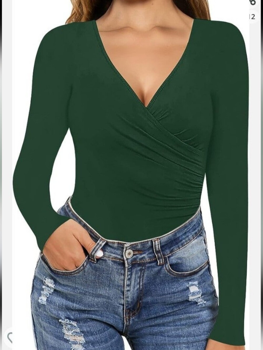 NWT Women’s Deep Green Wrap V-Neck Long Sleeve Bodysuit Top
